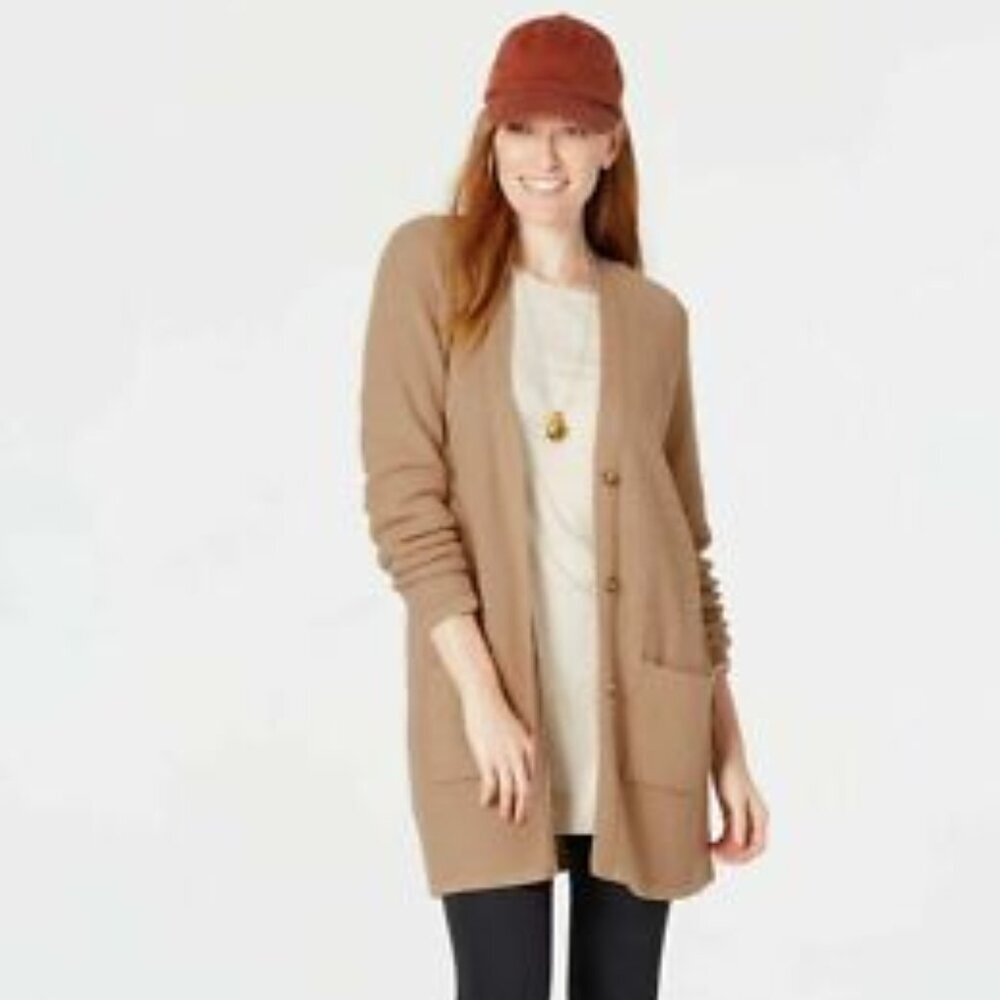 J. Jill Cardigan Women's Small Camel Longline Patch Pockets Neutral Knit Sweater